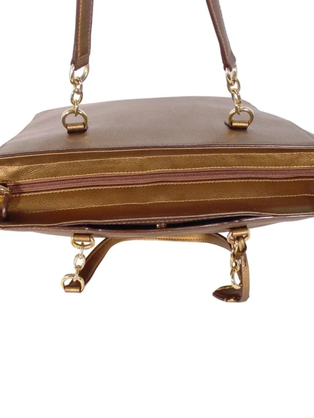RLL Lauren Ralph Lauren Large Metallic Bronze Gold Leather Zip Tote Bag - Picture 6 of 11